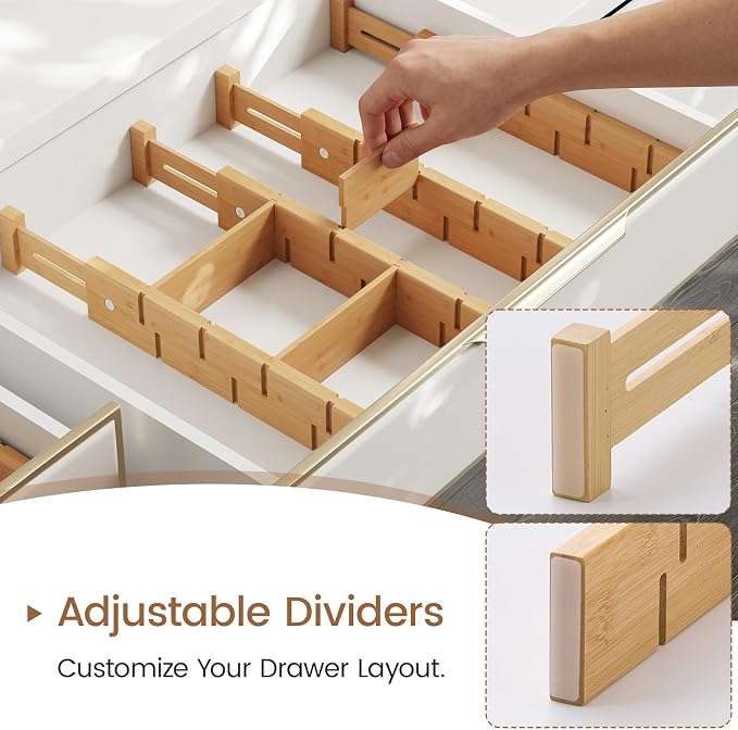 Bamboo Drawer Dividers 6 Pack with Inserts, Kitchen Adjustable Drawer Organizers for Home, Bedroom, Dresser, Expandable Organization 6 Dividers with 12 Inserts - Image 6