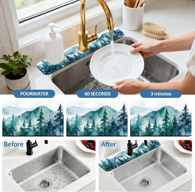 2 Pcs Kitchen Sink Splash Guard Faucet Mat Watercolor Forest Pattern Faucet Mat for Sinks Absorbing Drying Mat for Kitchen Bathroom, 23.6x5.5inch - Image 5