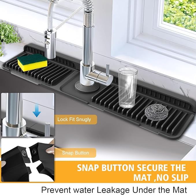 24-Inch Kitchen Sink Splash Guard Mat | 7° Slope for Fast Self-Draining | Snap-Lock Design | Universal & Cuttable Silicone Faucet Mat (Black) - Image 2
