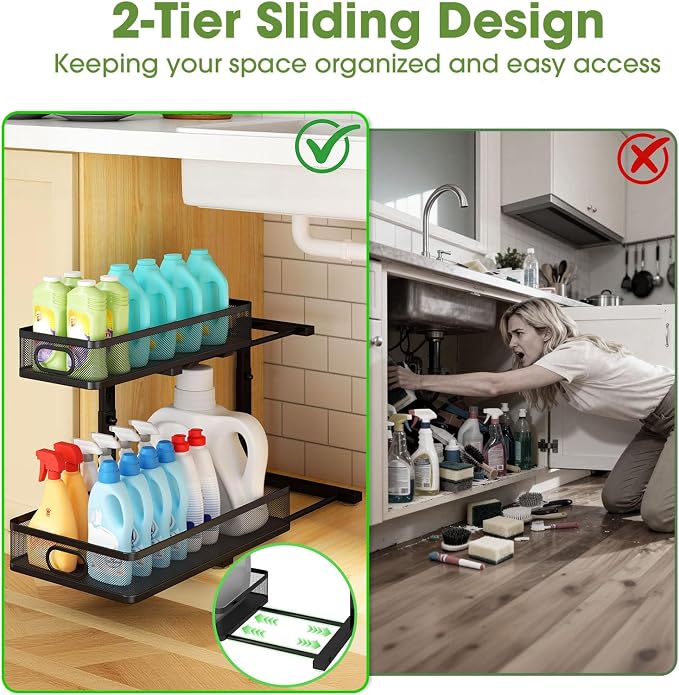 Under Sink Organizer 2-Pack, Metal 2-Tier Pull-Out Cabinet Shelf with Slide-Out Mesh Drawers, Height Adjustable, Space-Saving Under Sink Storage Racks for Kitchen, Bathroom, Laundry Room - Image 3