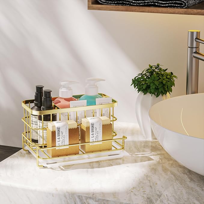 HapiRm Multifunctional Kitchen Sink Organizer with Removable Drain Tray, Quick Draining Rustproof Sink Caddy, Stainless Steel Kitchen Sponge Holder for Holds Sponge, Cleaning Towel and Scrubber - Gold - Image 7