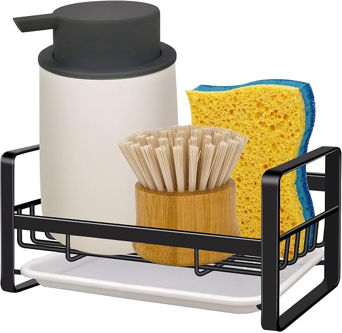 VANTEN Kitchen Sink Caddy Sponge Holder Organizer, Sink Tray Drainer Rack, Soap Dish Dispenser Brush Holder Storage Accessories - Countertop or Adhesive Wall Mount, Matte Black Stainless Steel by Vanten