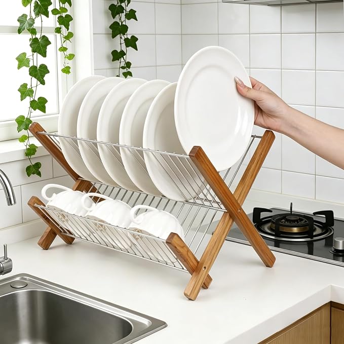 HTB Dish Drying Rack 2 Tier,Stainless Steel & Teak Wood Dish Drying Rack | Foldable Dish Drainer for Plates, Cups, Bottles, Kitchen Counter, Apartment, Collapsible Kitchen Drying Rack, Space Saving - Image 7