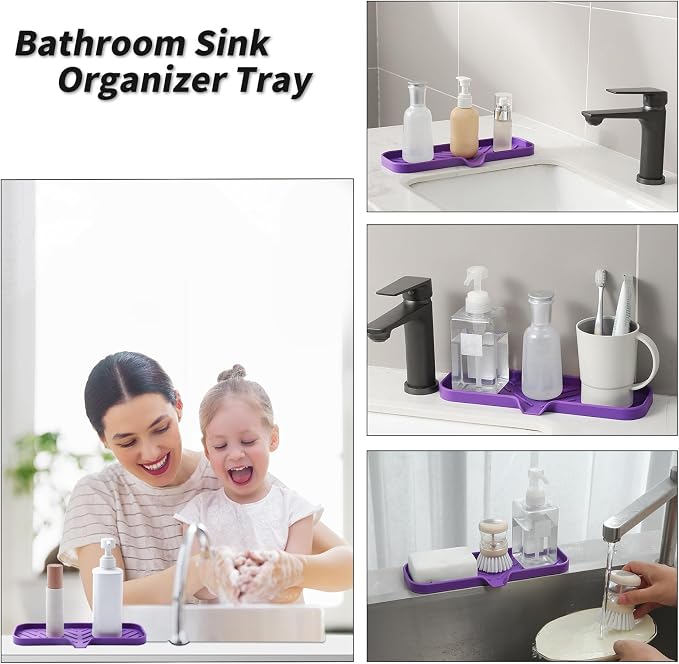 MicoYang Silicone Soap Dish with Drain Spout — Self-Draining Double Sink Organizer Tray for Kitchen & Bathroom, Dispensers, Sponges & Soap Holder, Non-Slip & Dishwasher Safe, Purple (Large, 12"×4") - Image 4