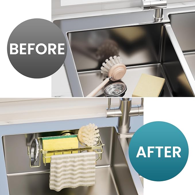 TAILI 4-in-1 Sink Sponge Holder for Kitchen with Strong Suction Cup-Gold | Removable Sink Caddy with Suction Cup, Rustproof 304 Stainless Steel Multi-compartment Sink Organizer for Sponge, Brushes - Image 4