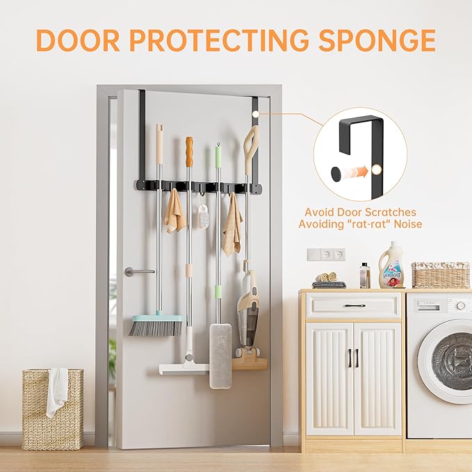 Broom Holder Over The Door with Hooks -304 Stainless Steel (Black) | Save Space, Anti-Rust & Sturdy, Mop and Broom Holder Wall Mounted or Hanging Over The Door, for Garage Laundry Kitchen - Image 3