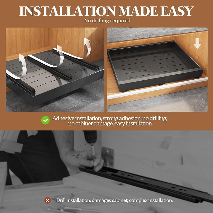 Seinloes 4 Pack Expandable Pull Out Cabinet Organizer 21"Deep With Raising Pad for Framed Cabinets,Upgrade 3 Slide Rails Slide Out Drawers,No Drill Roll Out Shelves,Adjustable Width 12.1"-20.4" Black - Image 6