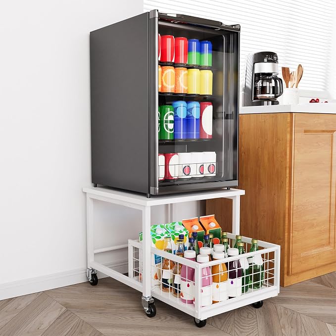 SpaceAid Mini Fridge Stand with Storage, 19.7" W x 19.7" D Heavy Duty Mobile Refrigerator Shelf Stand Table with Wheels, Fridge Cart Organizer with Drawer Basket for Home Dorm Office (White) by SpaceAid
