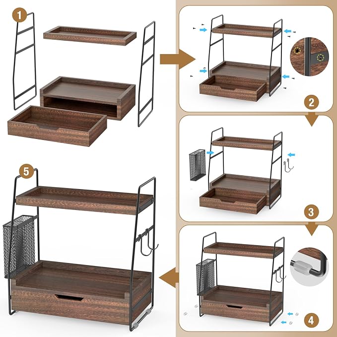 2-Tier Bathroom Counter Organizer with Drawer, Wood Counter Storage Shelf | Bathroom Vanity Organizer Countertop for Makeup, Skincare, Perfume, with Removable Basket, 13.4" x 7.9" x 14.5", Dark Brown - Image 5