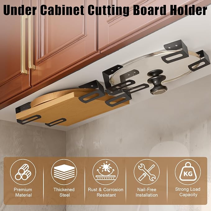 Under Cabinet Cutting Board Holder - 8 Pcs Stainless Steel Cutting Board & Pot Lid Rack Storage, Under Shelf Counter Chopping Board Organizer (Grey) - Image 3