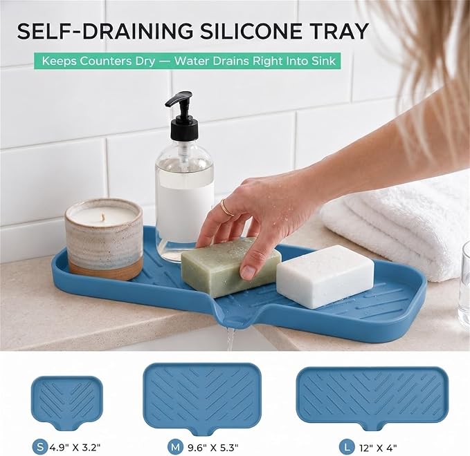 MicoYang Silicone Soap Dish with Drain Spout — Self-Draining Double Sink Organizer Tray for Kitchen & Bath, Dispensers, Sponges & Soap Holder, Non-Slip & Dishwasher Safe, Lichen Blue (Large, 12"×4") - Image 8