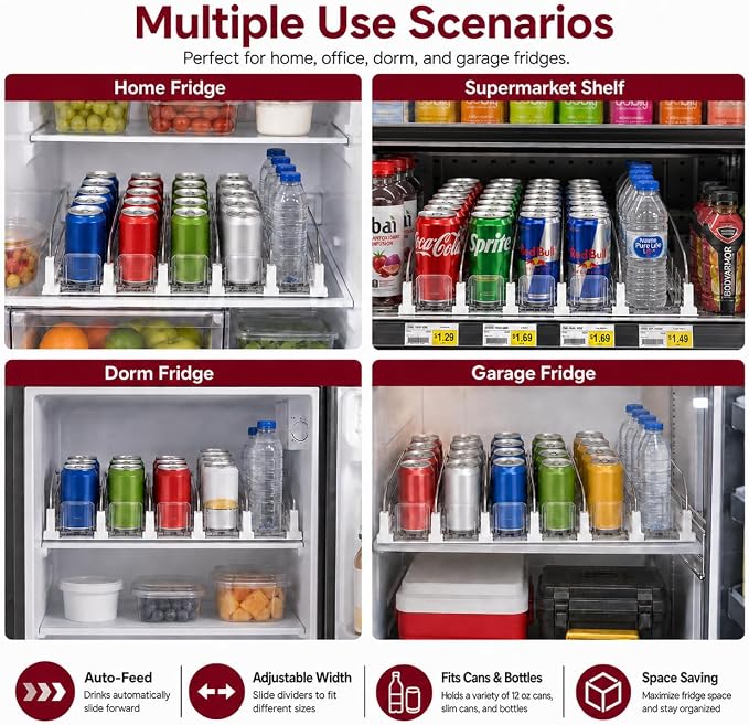 Canyave Self-Pushing Beverage Organizer for Fridge – Adjustable Spring Loaded Drink Dispenser & Soda Can Organizer – Clear Glide Rack Fits Cans, Bottles, Slim & Standard Sizes for Kitchen Pantry - Image 8