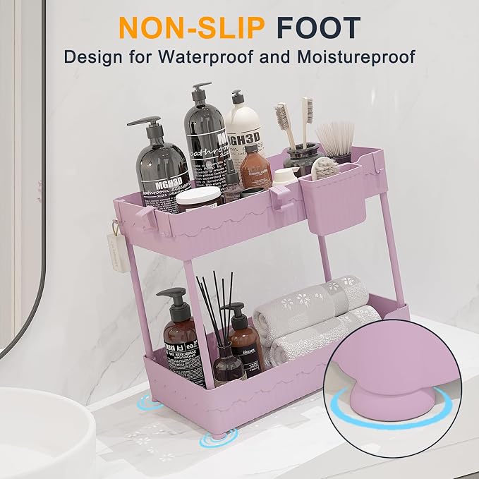 2-Pack Under Sink Organizer with Hooks & Hanging Cup for Kitchen | Multi-use kitchen & bathroom storage, 12.8 inch pink cabinet organizer, with hooks and hanging cup for easy access. - Image 6