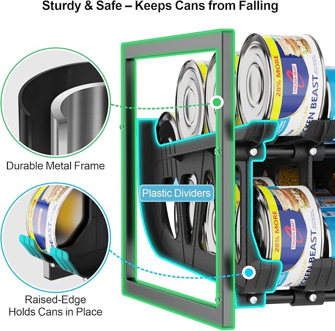 Can Storage Organizer Pantry - Auto-Rolling Expandable Hold 80 Cans | Stackable For Walk-in Deep Pantry Shelf, Adjustable Width for Food Cans, Sturdy Metal Frame, Easy Access & Restocking, Black - Image 6