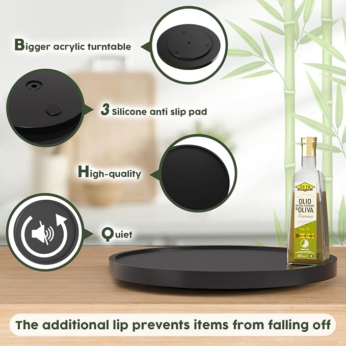 Lazy Susan Organizer, 13.2 Inch Non-Skid Bamboo Turntable | Kitchen Table Cabinets Closets and Kitchen Islands, Wood Turntable for Kitchen Countertop Organizer, Black - Image 6