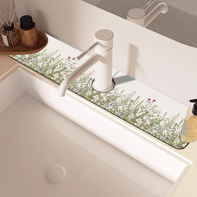 Faucet Mat for Kitchen Sink Watercolor Floral Herbs Sink Splash Guard Behind Faucet Soft Diatom Mud Material Non-slip Easy to Clean for Bathroom & Kitchen 24"X5.5" - Image 5