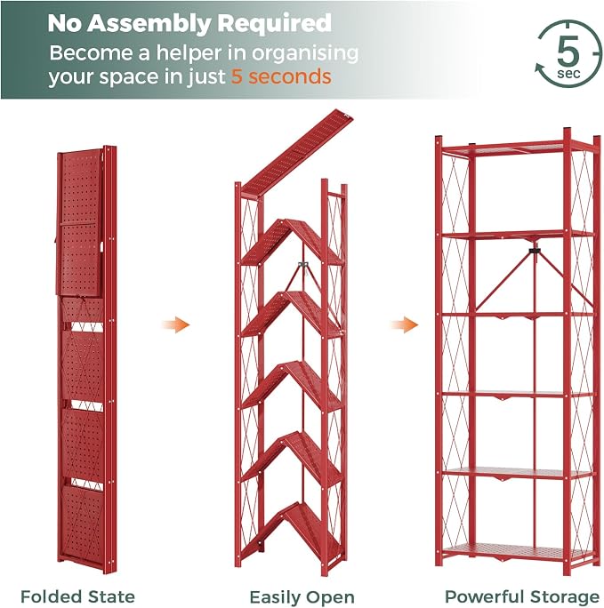DEANIC 6-Shelf Folding Bookcase with Wheels, Heavy Duty Storage Shelves, Freestanding Metal Wire Shelving Unit for Living Room, Office, Kitchen, Basement, Pantry (Red 2 Pack) - Image 3