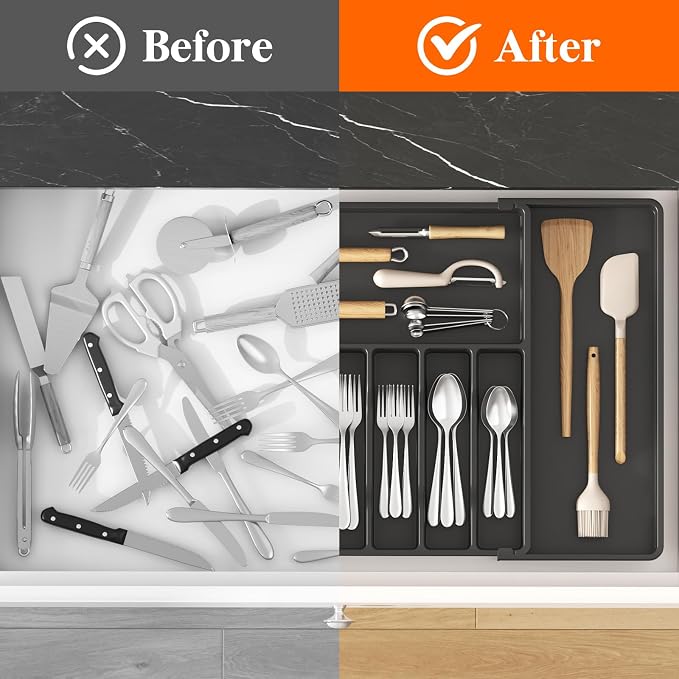 Lifewit Extra Large Silverware Drawer Organizer, Expandable Utensil Tray | BPA Free Flatware Cutlery Holder for Kitchen, Adjustable Plastic Storage for Spoons Forks Knives, 17- 30 x 18.5", Black - Image 6