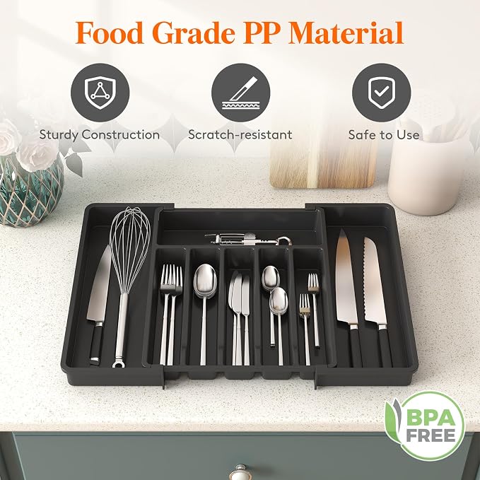 Lifewit Extra Large Silverware Drawer Organizer, Expandable Utensil Tray | BPA Free Flatware Cutlery Holder for Kitchen, Adjustable Plastic Storage for Spoons Forks Knives, 13-22.4 x 16.7", Black - Image 7