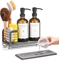 Kitchen Soap Dispenser Set with Drying Tray – 16oz Glass Bottles with Stainless Steel Pumps, Sink Organizer Caddy with Brush Holder & Non-Slip Feet – All-in-One Dish & Hand Soap Station by ORCHID+HOME