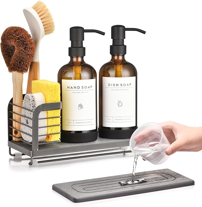Kitchen Soap Dispenser Set with Drying Tray – 16oz Glass Bottles with Stainless Steel Pumps, Sink Organizer Caddy with Brush Holder & Non-Slip Feet – All-in-One Dish & Hand Soap Station by ORCHID+HOME