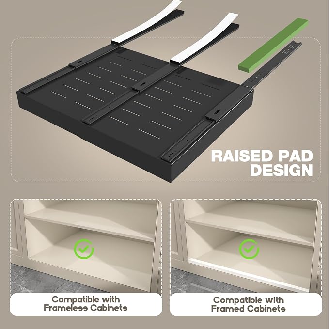 Seinloes 4 Pack Pull Out Cabinet Organizer 21" Deep,Full Extension 3 Slide Rails Slide Out Drawers With Raising Pad for Framed Cabinets,Expandable Width (15.4"-26.2"),No Drill Roll Out Shelves,Black - Image 2