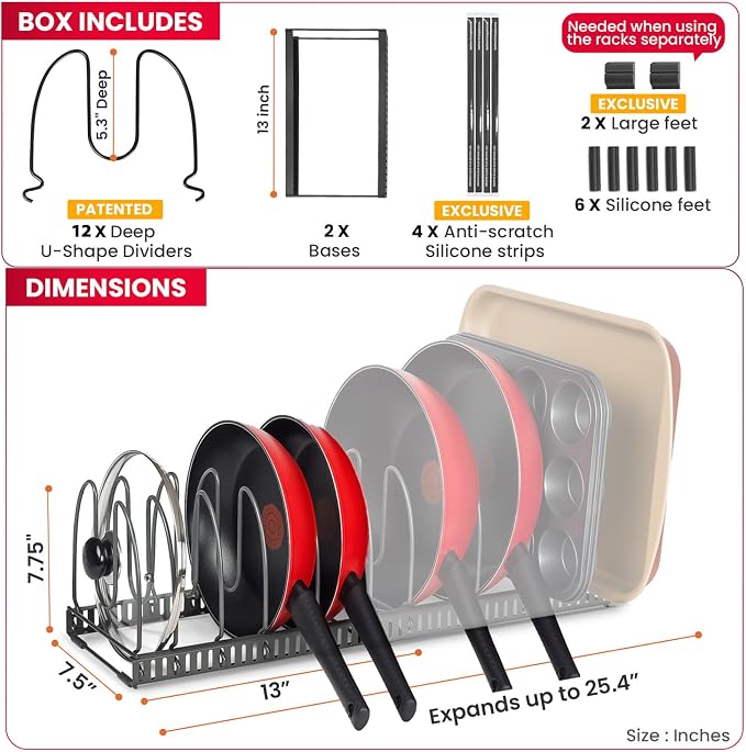 7.5” Wide 12-Slot Adjustable Large Pan and Pot Lid Organizer with Scratch-Free Pads, Expandable Pot Lid Holder Rack for Cabinet, Pots and Pans Organizer Inside Cabinet - Image 4