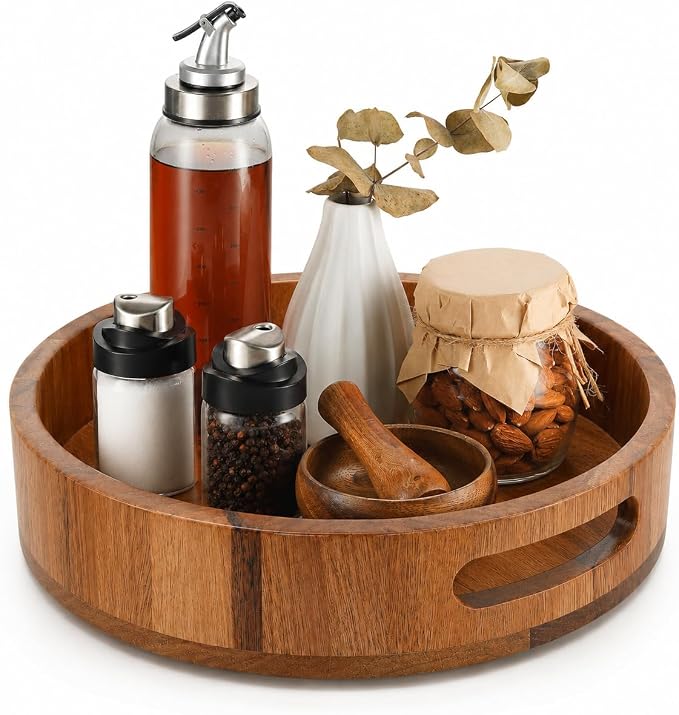 Wooden Lazy Susan – 10 in Acacia Wood Turntable Organizer for Cabinet，Multi-Purpose Home Decor Rotating Tray for Bathroom Accessories, Bedroom Makeup Organizer & Countertop Storage by MinBoo