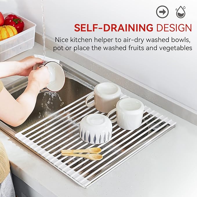 MERRYBOX Roll Up Dish Drying Rack Silicone Wrapped Over The Sink Dish Rack Foldable Dish Drainer Anti-Slip Dish Racks for Kitchen Counter, Multipurpose Kitchen Sink Drying Rack, 20.5" x 13", White - Image 8
