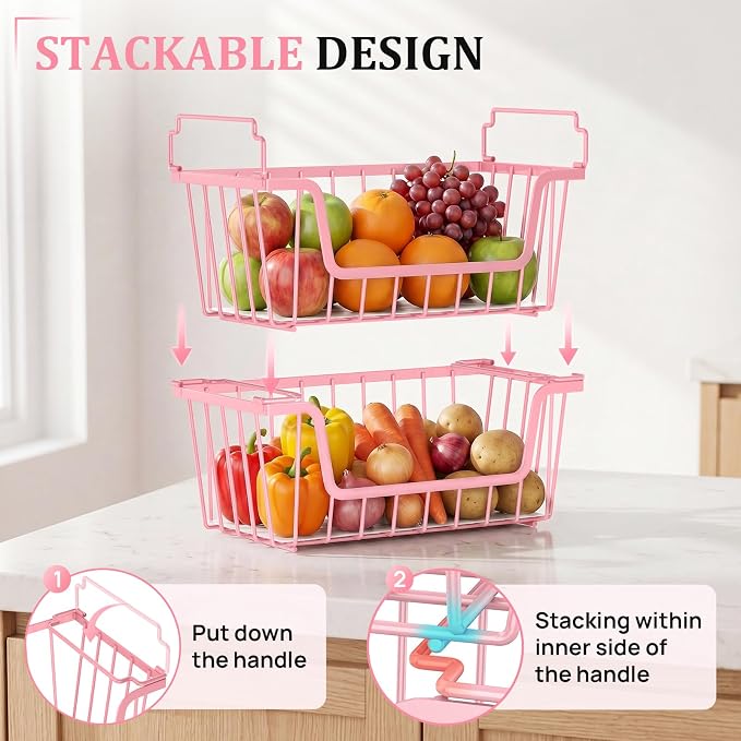 SUNALLY Stackable Storage Bins 6 Pcs Wire Baskets Freezer Organizer, Pink | Pantry Organizers Storage, Vegetable Fruit Storage Basket for Countertop, Kitchen Baskets for Onion Potato Snack Cans Storage - Image 5