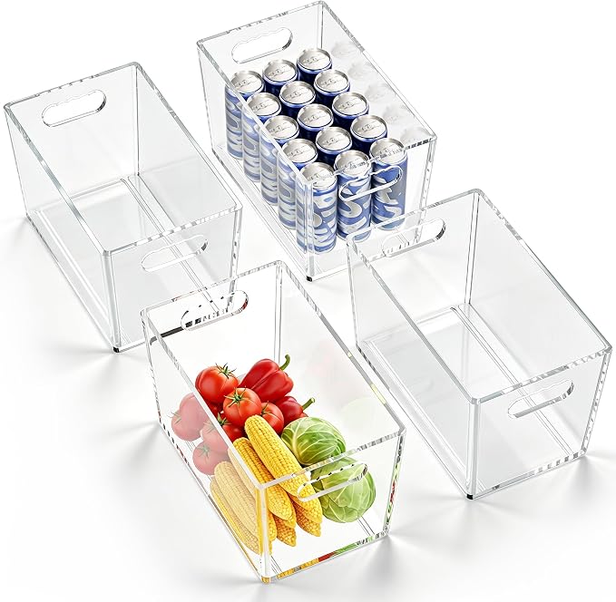 4 Pack Clear Storage Bins, PET Pantry Organizers & No-Tip Storage Containers with Cutout Handles for Fridge Freezer Kitchen Cabinet Closet Countertop, Nestable Open Top Organization Bins Save Space by KAVDNAE