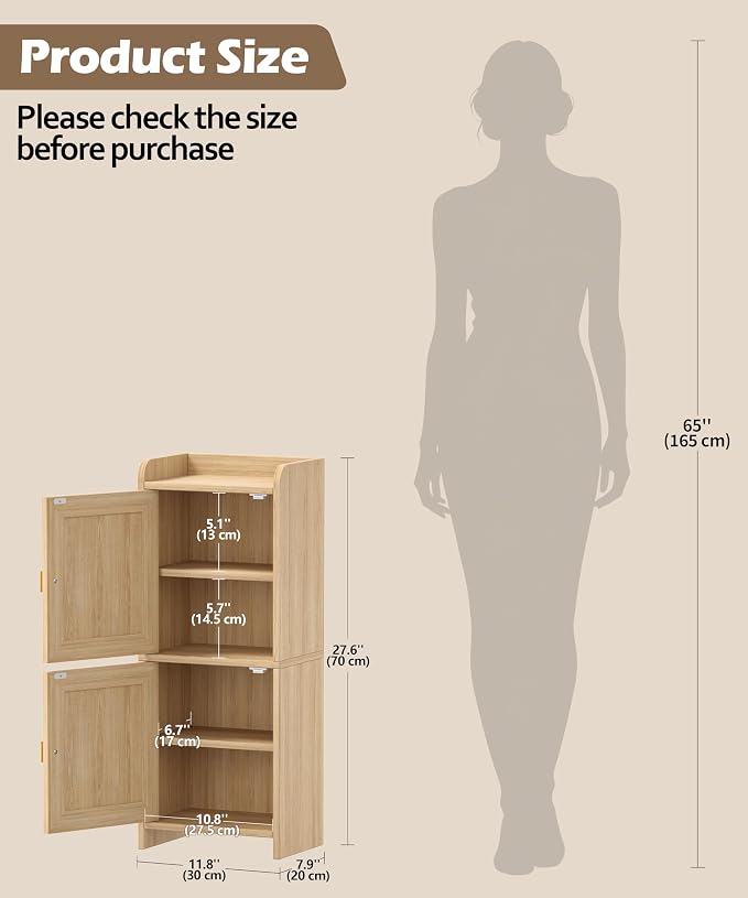 Akxomel Rattan Small Bathroom Cabinet Narrow Toilet Paper Organizer Oak | 7.9''D x 11.8''W Bathroom Organizer and Storage Cabinet for Small Space, Slim Corner Unit with Adjustable Shelf - Image 3