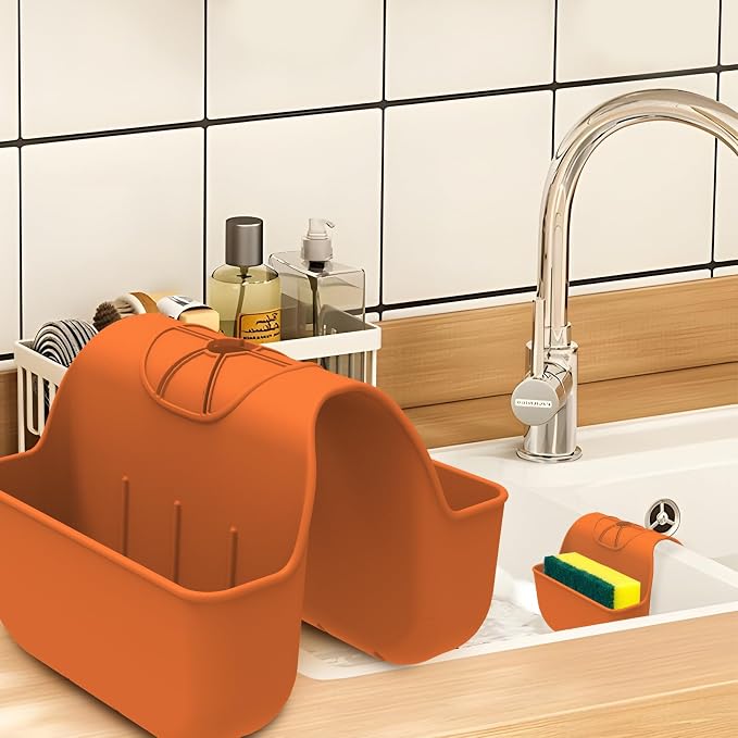 Sponge Holder for Kitchen Sink, Silicone Sink Saddle Caddy Organizer Rack, Sponges Holder Over Faucet, Hanging Kitchen Organizer Accessories Rack Basket - Orange by OKeanu
