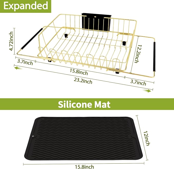 Golden Expandable Dish Drying Rack-Extra Large Stainless Steel Dish Drainer Over The Sink for Kitchen Countertop with Utensil Holder, Applicable for Sink Width 16'-22' (Gold,23.2'*12.2') - Image 2
