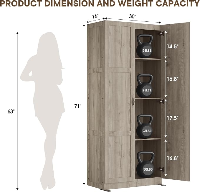 DUMOS Tall Storage Cabinet with Doors and Shelves, Kitchen Pantry Cabinet | 71'' Wood Storage Freestanding Wooden Cabinets for Bedroom, Pantry, Home Office, Dining Room & Living Room, Grey - Image 3