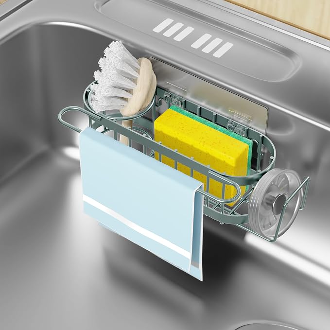Cisily Kitchen Sink Caddy Sponge Holder in The Sink, Stainless Steel Kitchen Sink Organizer, Brush Holder, Dish Cloth Hanger, Sink Stopper Holder (Suction cup-Sage Green) by CISILYHOMELIFE