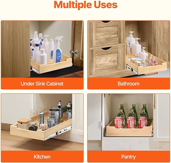 VEVOR Pull Out Cabinet Organizer, 14"W x 21"D Cabinet Drawer, Soft Close Slide out Shelf, Heavy-Duty Sliding Wood Drawer, Bottom Mount Size（14.5"W x 23"D）and Side Mount Size（15"W x 23"D） | Heavy-Duty Sliding Shelf with Bottom or Side Mounting for Organ... - Image 6