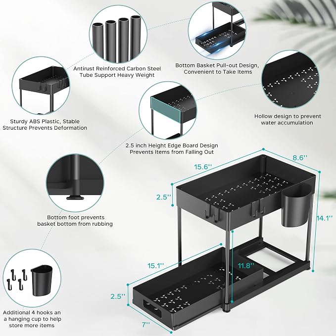 2 Pack Under Sink Organizer with Pull-Out Drawer, Black | 2-Tier Cabinet Storage, Kitchen & Bathroom, Tool-Free Assembly, Fits Cleaning Supplies & Toiletries, Space Saving - Image 3