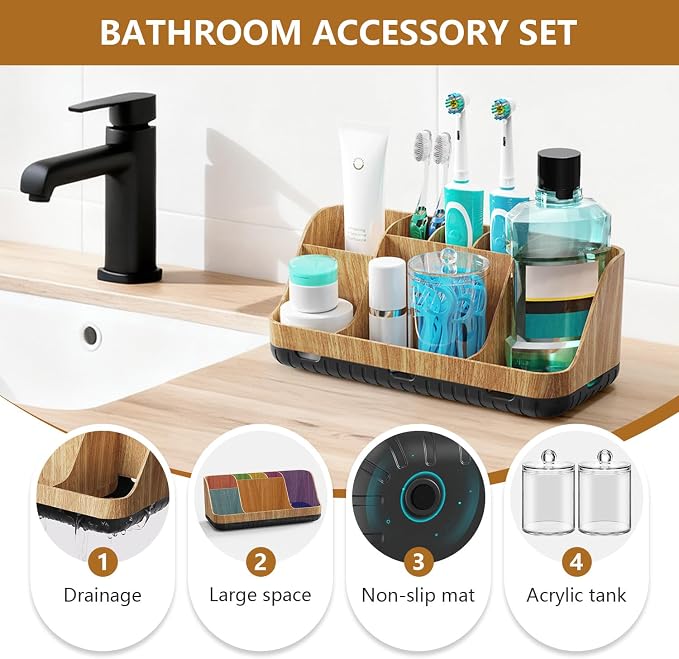 GFWARE Bathroom Toothbrush Holder Set with 2 Pack Qtip Holder Dispenser - 7 Slots Kids Bathroom Accessory Sets with Drainage, Q Tip Holder for Bathroom Sink Counter Accessories Set - Image 4