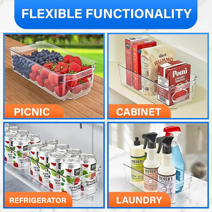 14-Piece Stackable Refrigerator Bin Organizer Set with Easy Grip Handles - Clear Multi-Purpose Storage Bins for Fridge and Pantry Use - Image 4