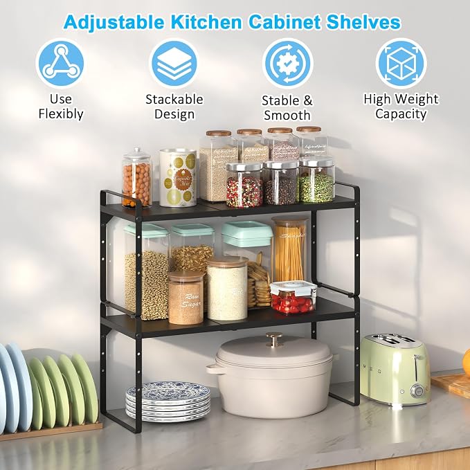15.5 to 25.5 Inch Kitchen Cabinet Shelf Organizers, Adjustable Kitchen Counter Shelf Organizer, Set of 3 Expandable Countertop Storage Shelves, Stackable Design, 30LBS Heavy Duty, Space Saver - Image 3