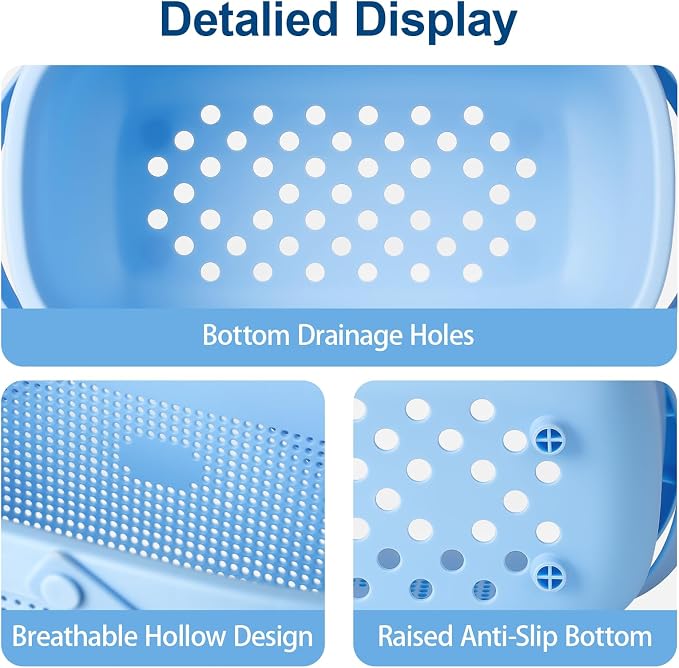 Portable Shower Caddy Basket with Handles Plastic Storage Basket Blue | Sturdy Drainage Large Capacity Organizer Basket with Silicone Handles for Bathroom Kitchen Bedroom College Dorm Essentials - Image 3