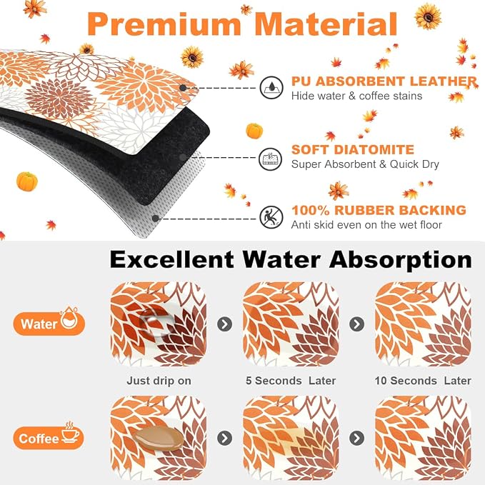 Findosom 2PCS 17" x 32" Fall Dish Drying Mat & 24" x 5.5" Sink Splash Guard, Super Absorbent & Cuttable Dish Mat Drying Kitchen Mat with Orange Floral, Hide Stain Drying Mat for Kitchen Counter - Image 3