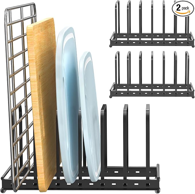 TEAMOLA Metal Cutting Board Organizer - Adjustable Bakeware Rack 2-Pack | Black Metal Kitchen Rack Organizer, Adjustable Holder Fits Pans Lids Sheets, Cabinet Counter Under Sink Caddy with 7 Slots by HOME