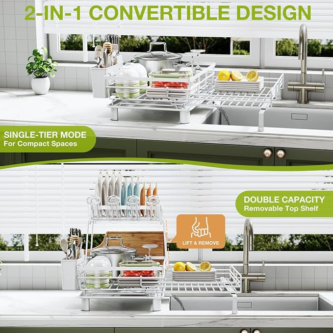 2-Tier Expandable Dish Drying Rack for Kitchen Counter, White | Large Capacity Dish Rack Organization, Heavy-Duty Carbon Steel, 17 lbs Capacity, Swivel Drain Spout & Cup Hooks - Image 3