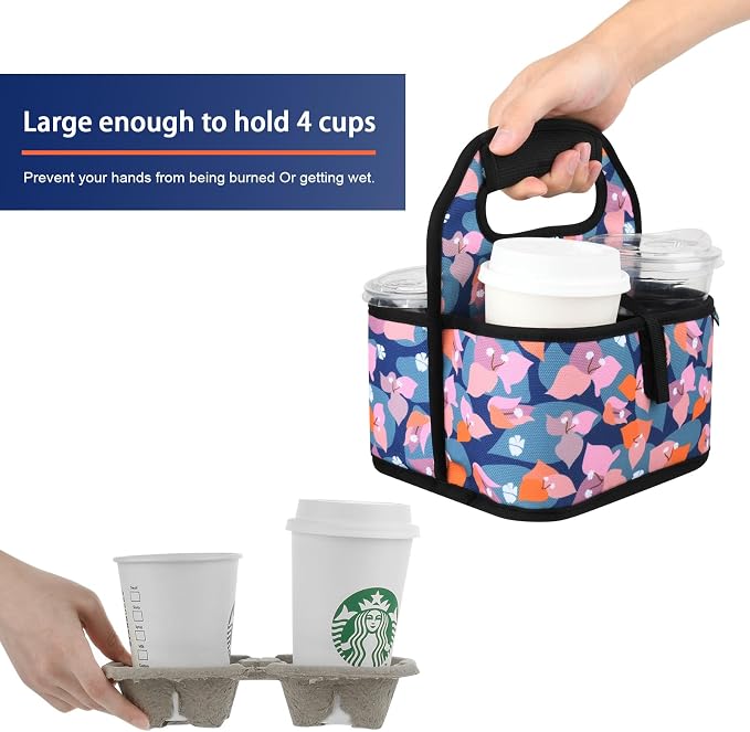 Beautyflier Reusable Insulated Coffee Cup Carrier, Portable Drink Holder with Handle Organizer Tote Bag for Hot & Cold Drinks (Bougainvillea) - Image 5