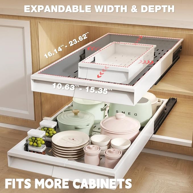 Seinloes Pull Out Cabinet Organizer, 4-Side Expandable to Fit Most Cabinets, 3 Rail Slide Out Drawers with Raising Pad for Framed & Frameless Cabinets, 11"-16" W x 17"-24" D, White, 2 Pack - Image 2