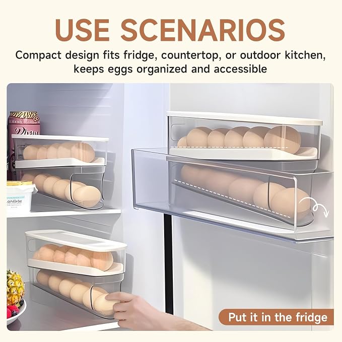 Rolling Egg Holder for Fridge, Egg Dispenser for Refrigerator, Automatic Rolling Storage Container for Countertop, Kitchen & Outdoor Use (3.35"x3.74"x11.02") 2 Pack - Image 3