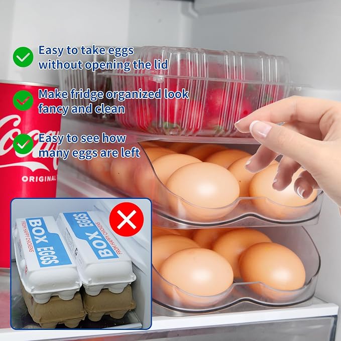 MesRosa Egg Holder for Fridge, Automatic Rolling Egg Organizer -2 Layer | Stackable Clear Egg Container & Tray for Refrigerator, Durable Dispenser and Storage with Sturdy Lid to Saving Space - Image 3