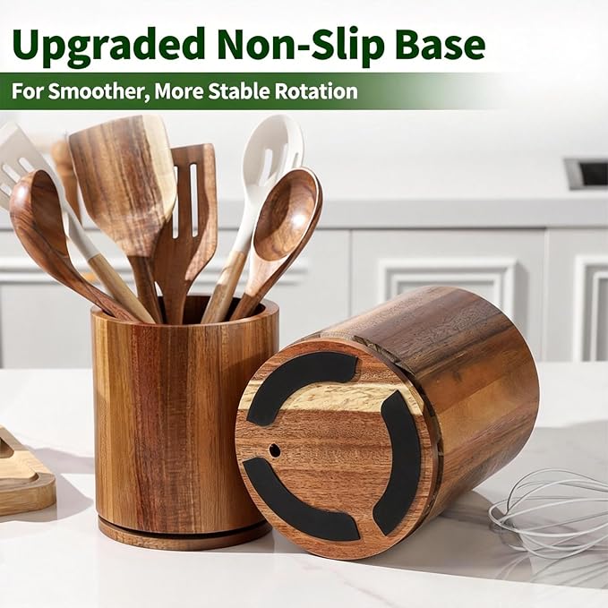 Bamboo Wood Utensil Holder, 360° Rotating 7.3 in Kitchen Organizer | Rustic farmhouse countertop decor. 360° rotating base holds spatulas, ladles, tongs, and cooking tools. Natural bamboo wood. - Image 6